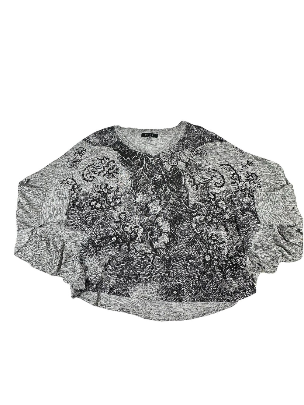 B.L.E.U. Womens Sz. PXL Grey Floral & Lace V-Neck Flared (Bat) Sleeve Top Blouse